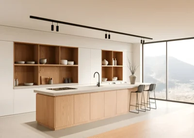 Cocina minimalista de madera clara con isla grande, encimera blanca, estanterías abiertas y ventanal panorámico
