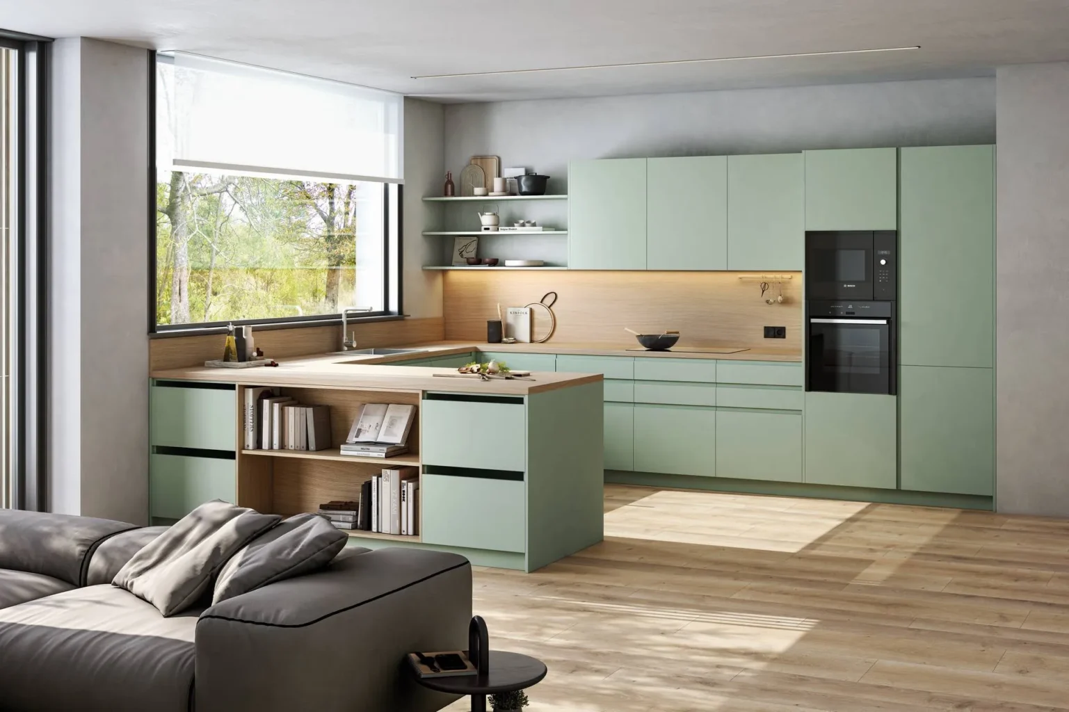 Cocina rústica de madera envejecida con isla y encimera de porcelánico efecto mármol oscuro, campana de techo