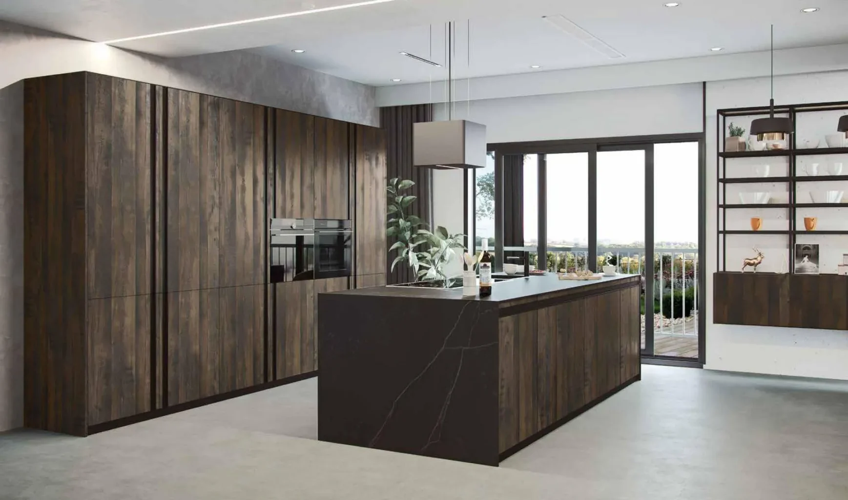 Cocina rústica de madera envejecida con isla y encimera de porcelánico efecto mármol oscuro, campana de techo