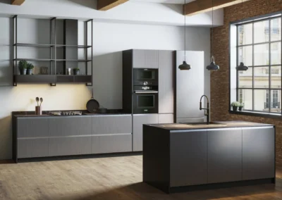 Cocina gris metalizado estilo industrial con isla, estantería abierta de hierro negro y vigas de madera vistas