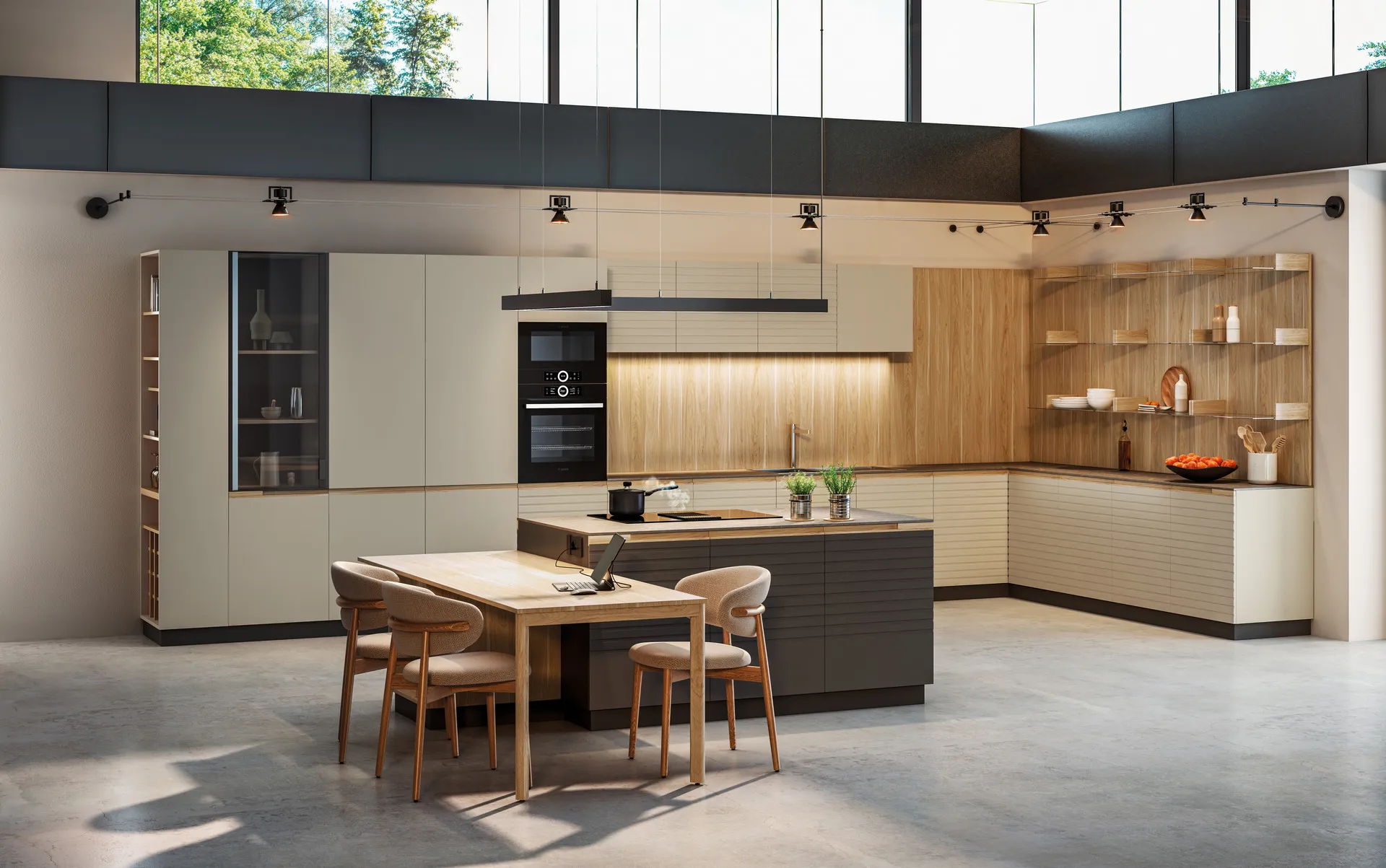 Cocina minimalista de madera clara con isla grande, encimera blanca, estanterías abiertas y ventanal panorámico